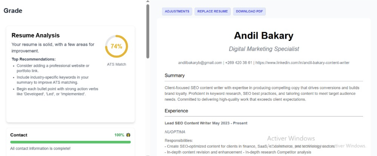 ATS Resume Grader showing a 74% match score and recommendations for improving the resume