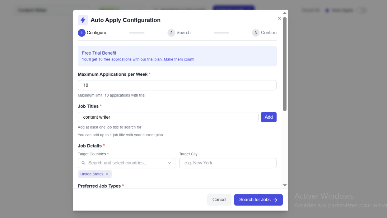 Screenshot of auto-apply configuration settings