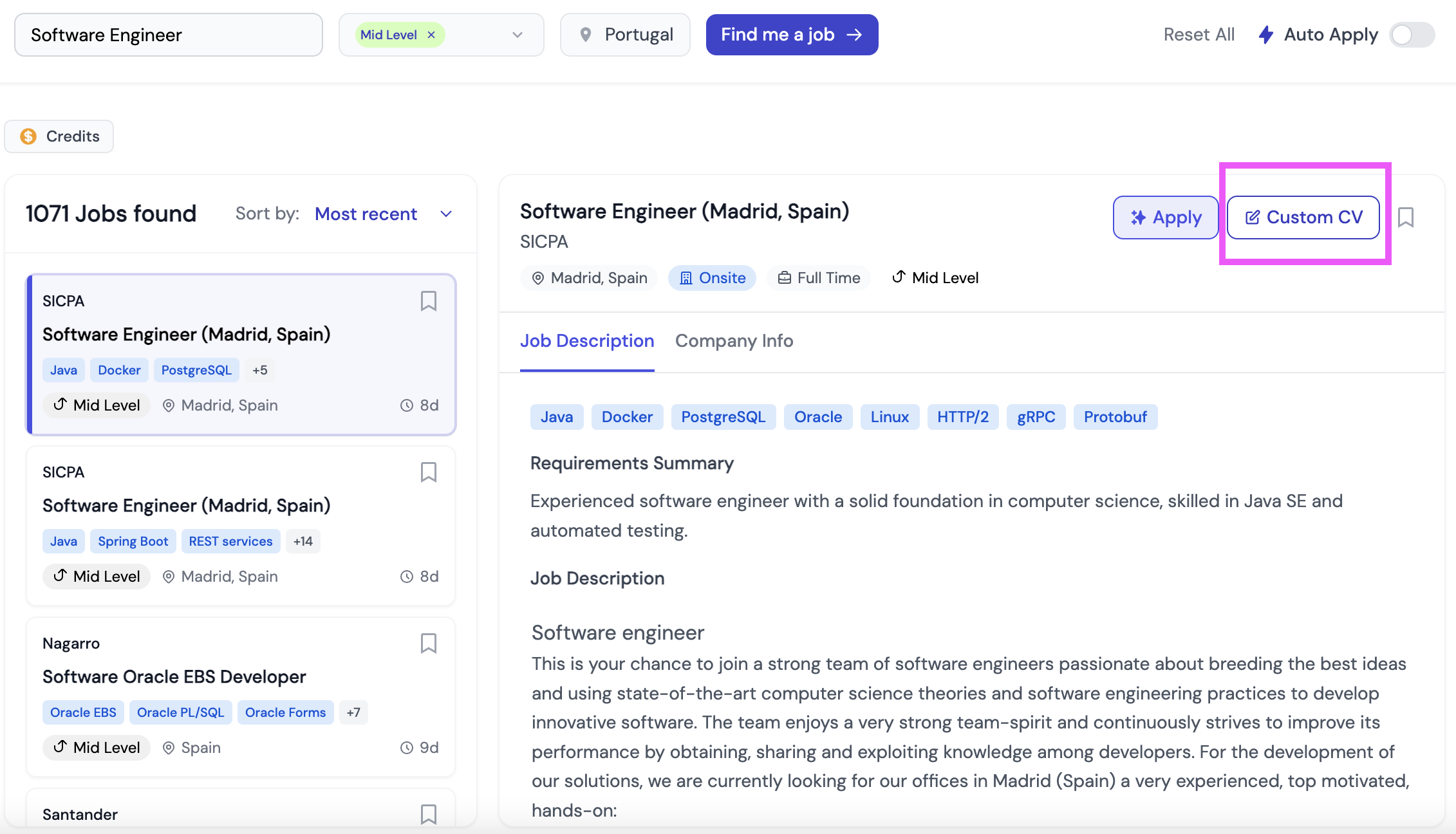 Screenshot showing the Custom CV button next to a job listing