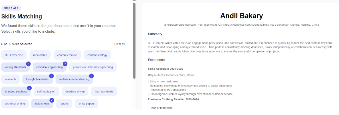 Screenshot showing detailed resume analysis with skill matches and suggestions