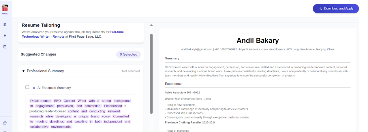 Screenshot showing resume tailoring interface with skill matching