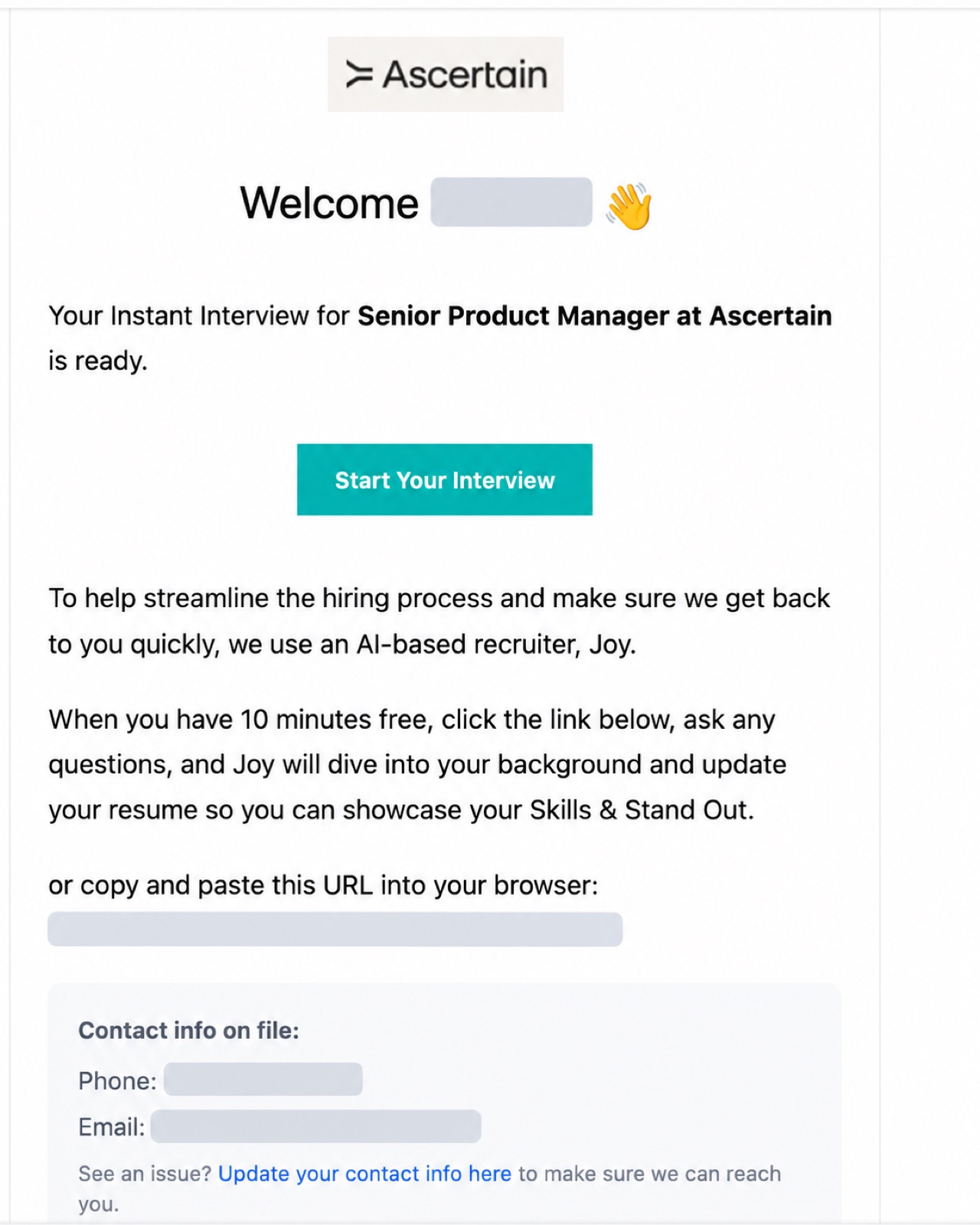Interview email from Ascertain