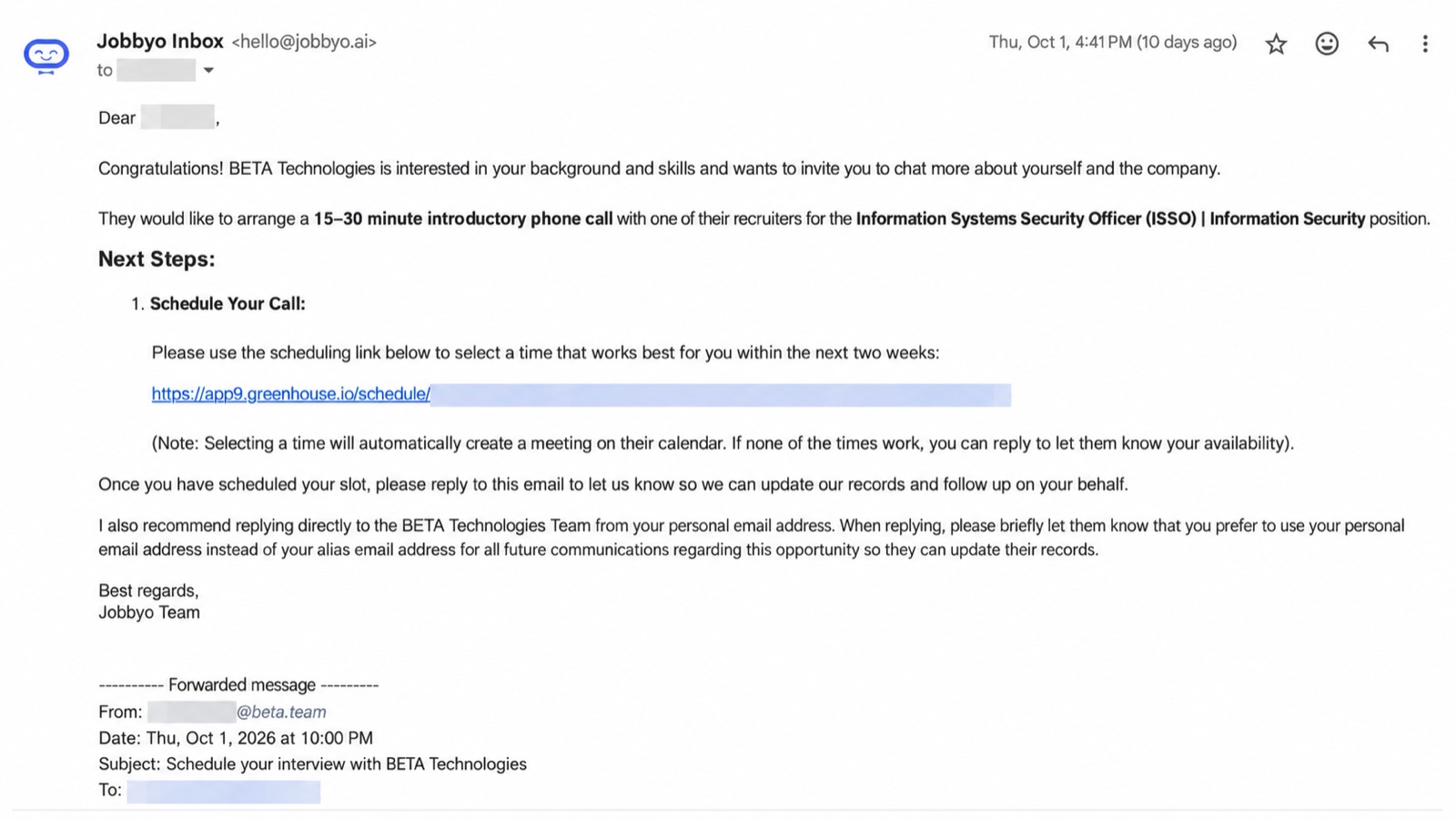 Interview email from BETA Technologies