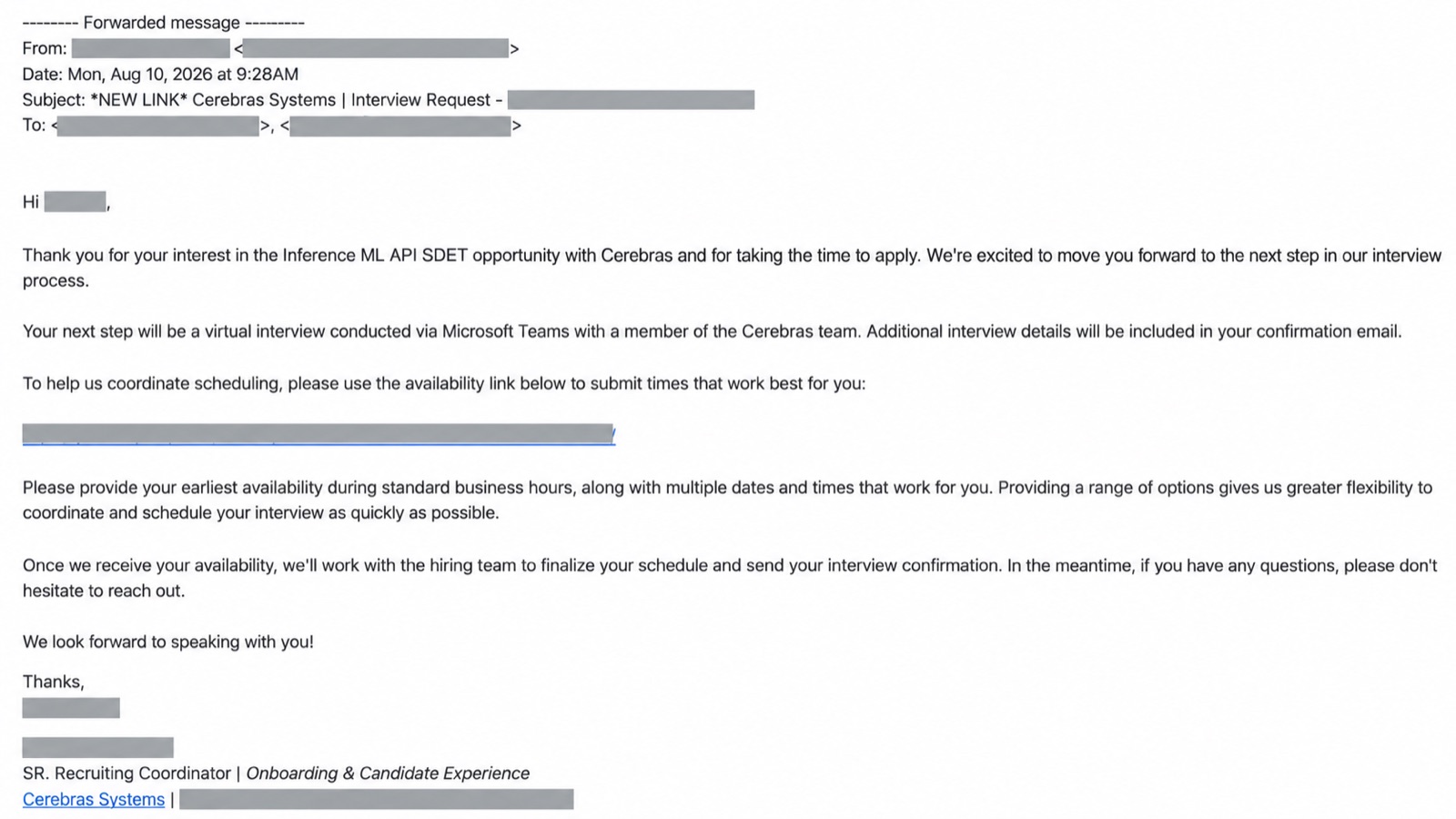 Interview email from Cerebras Systems