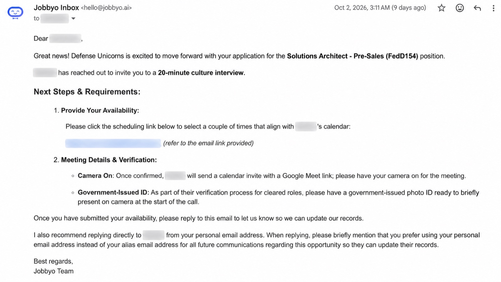 Interview email from Defense Unicorns