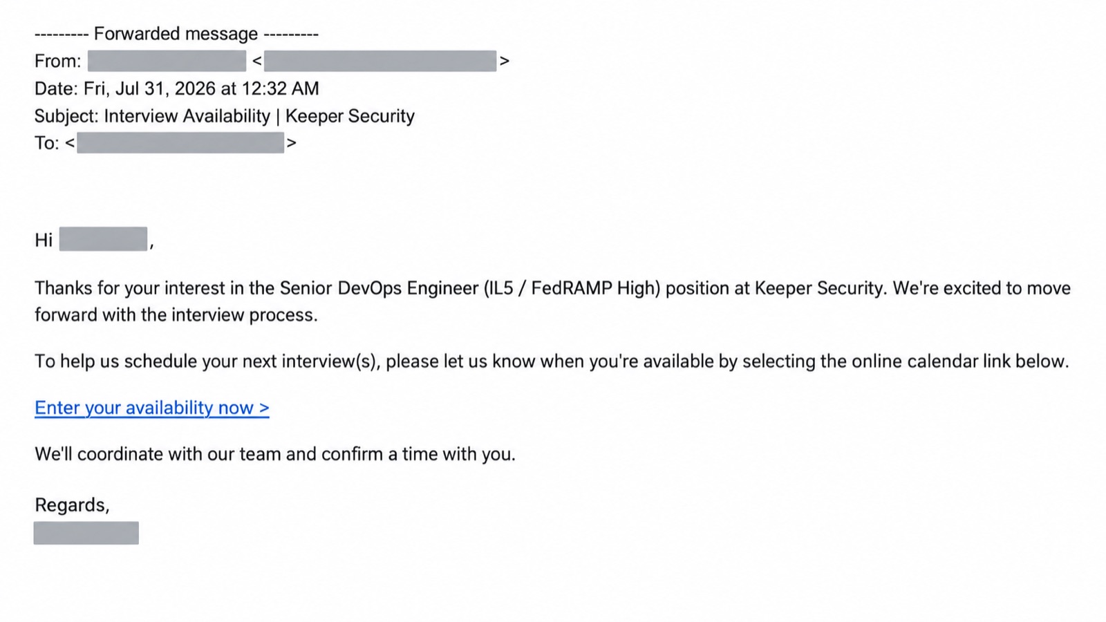 Interview email from Keeper Security