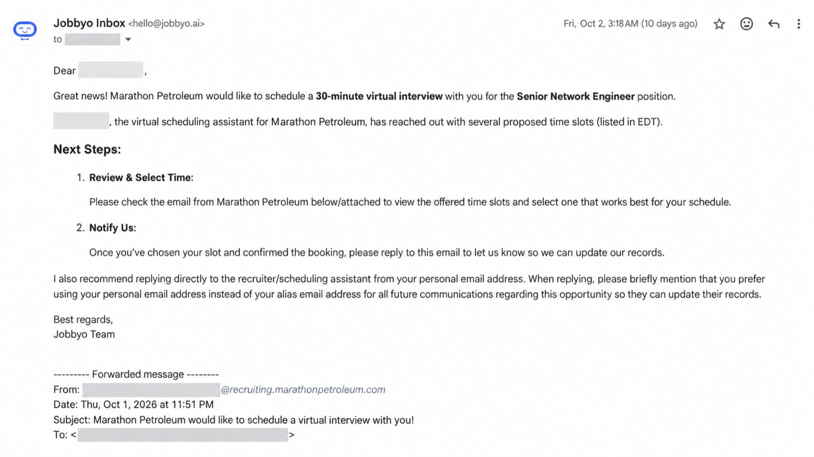 Interview email from Marathon Petroleum