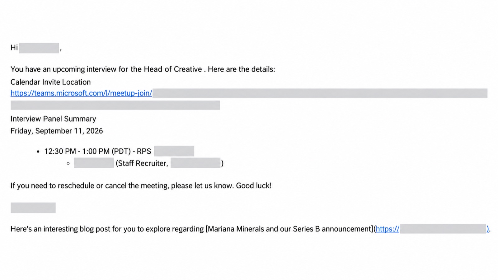 Interview email from Mariana Minerals