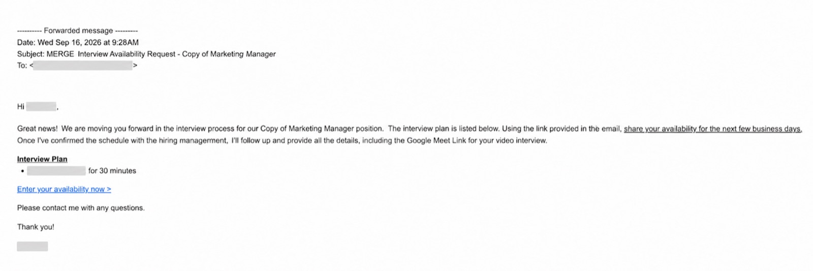 Interview email from MERGE