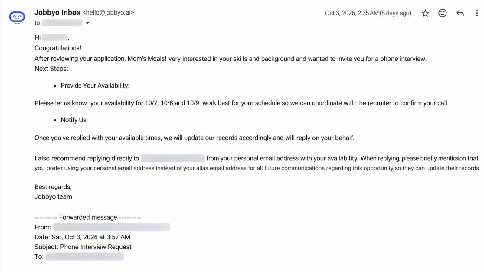 Interview email from Mom's Meals
