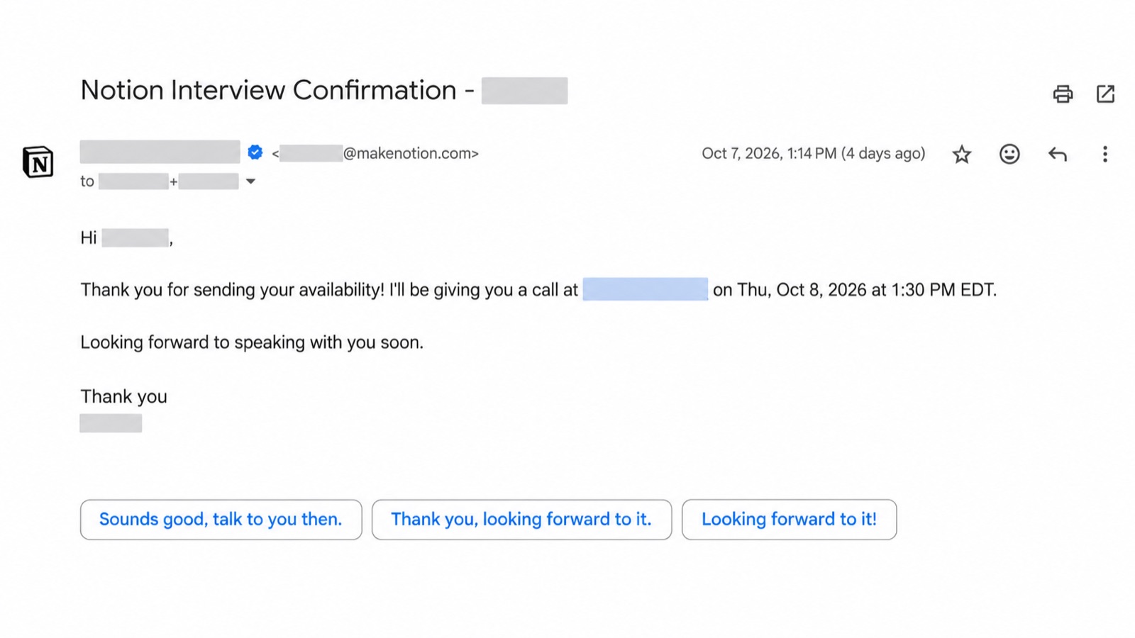 Interview email from Notion