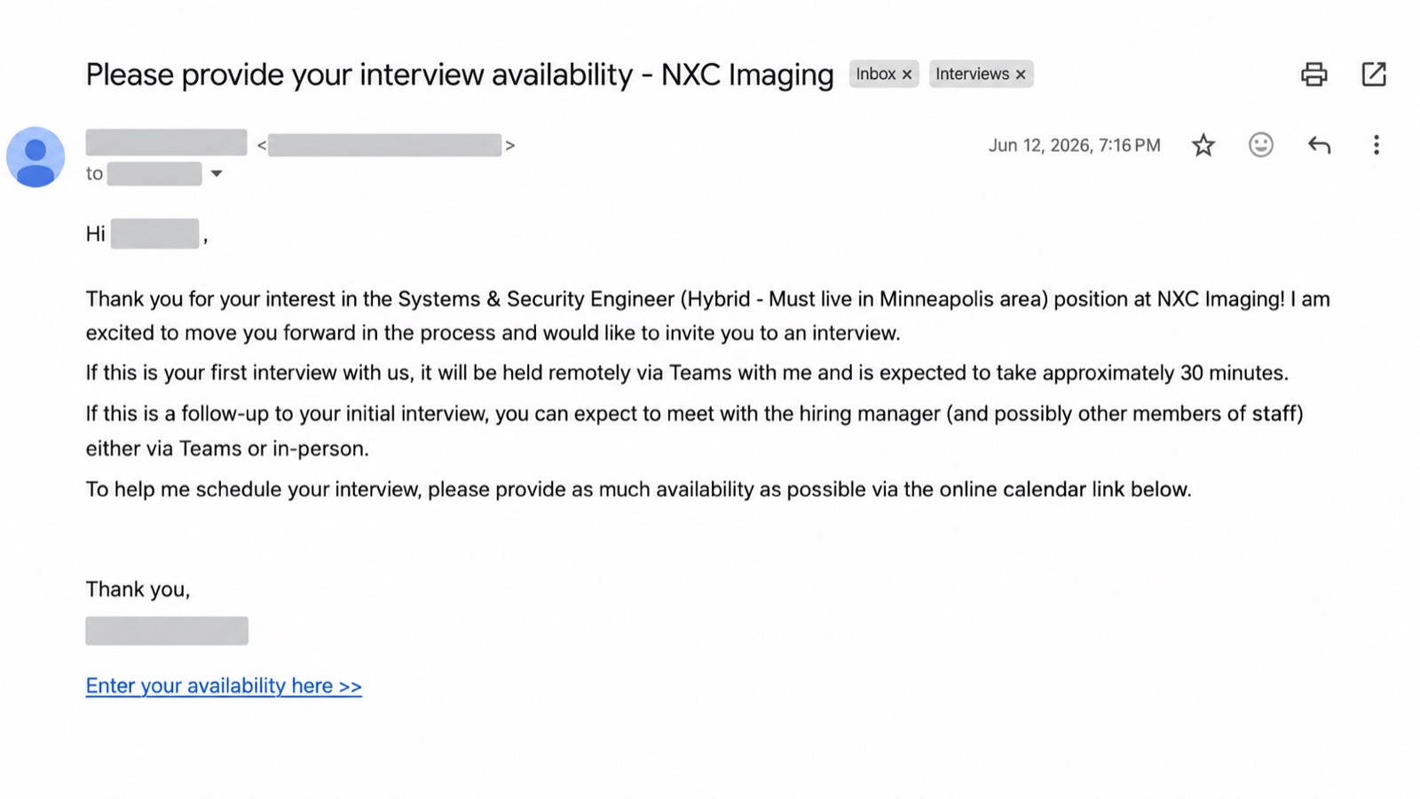 Interview email from NXC Imaging