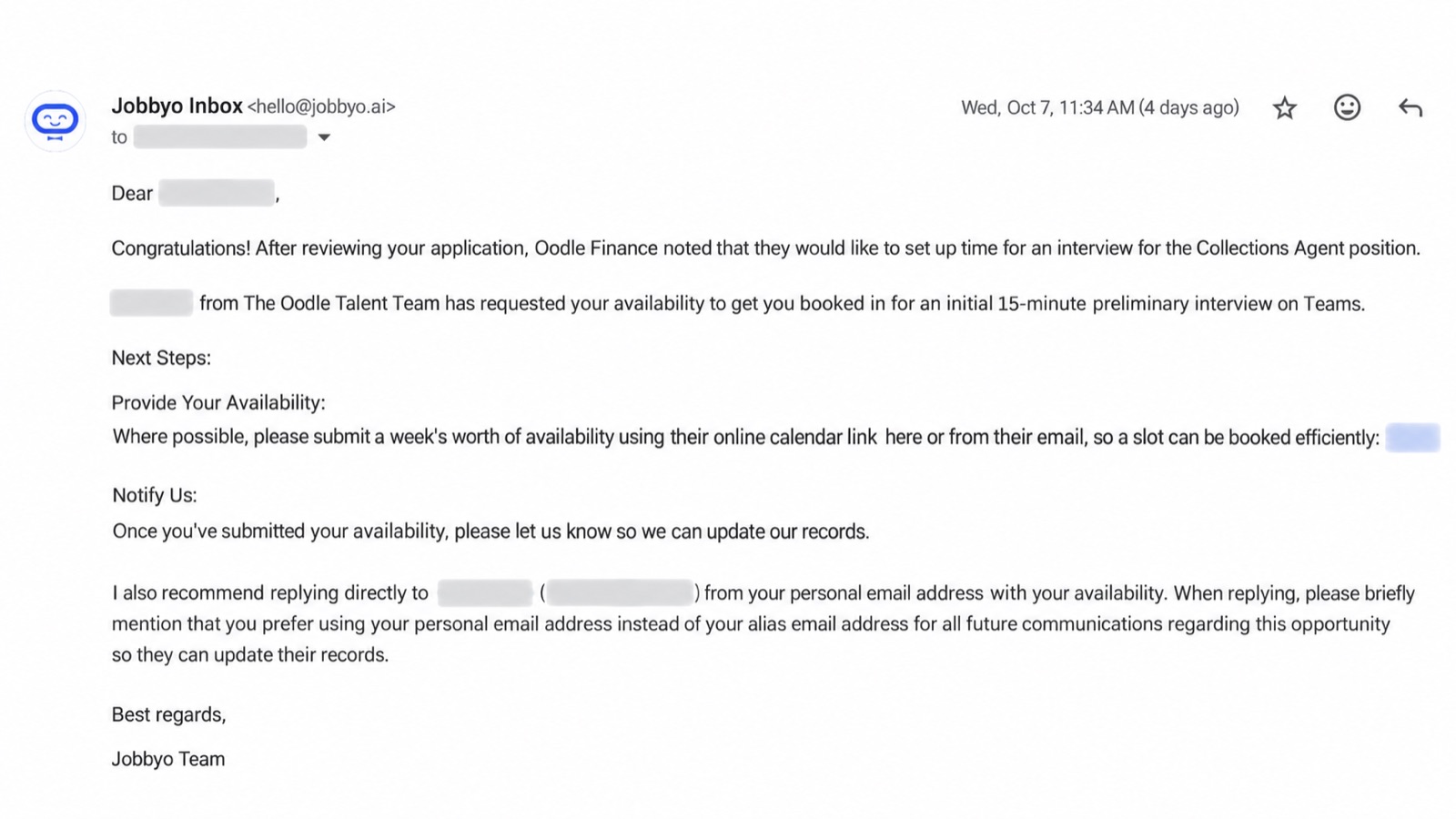 Interview email from Oodle Finance