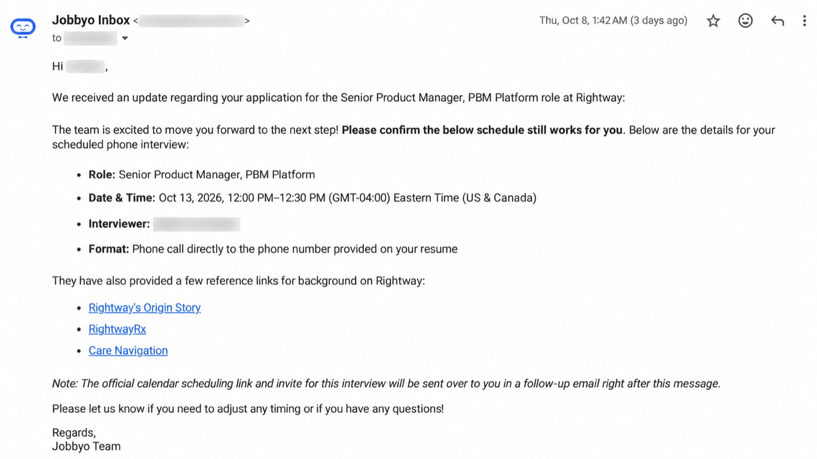 Interview email from Rightway