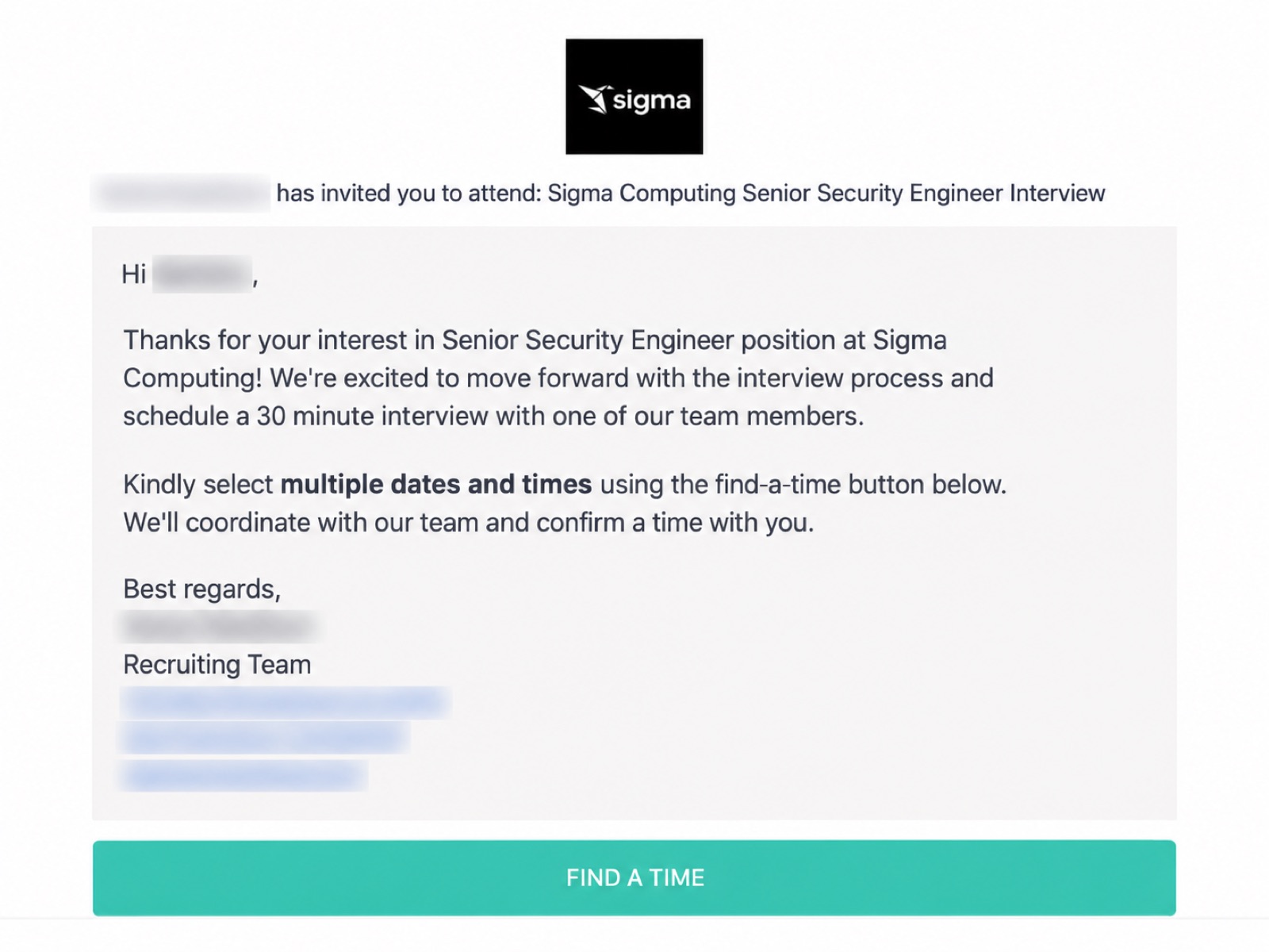 Interview email from Sigma Computing