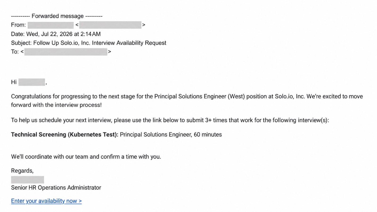 Interview email from Solo.io