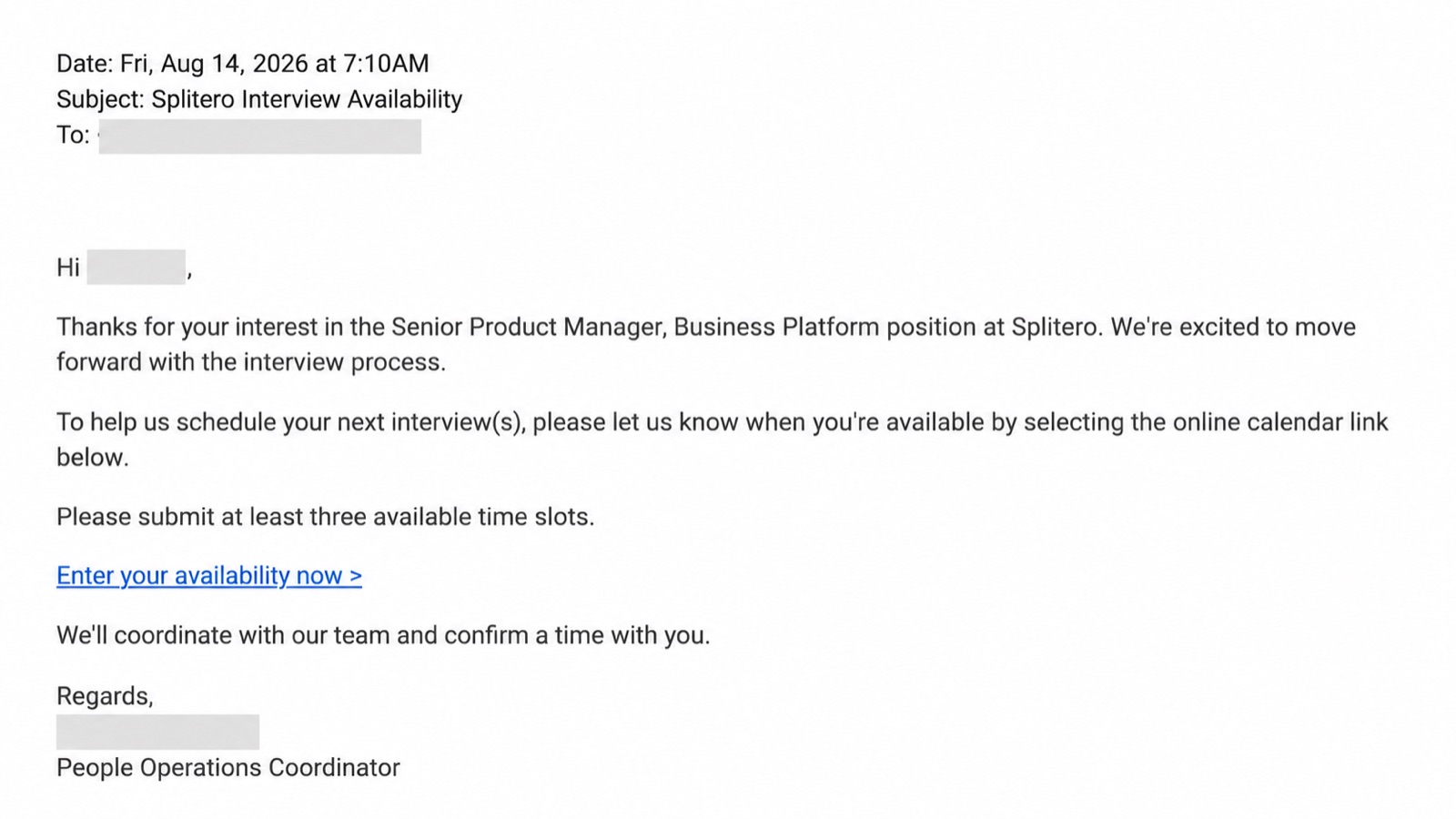 Interview email from Splitero