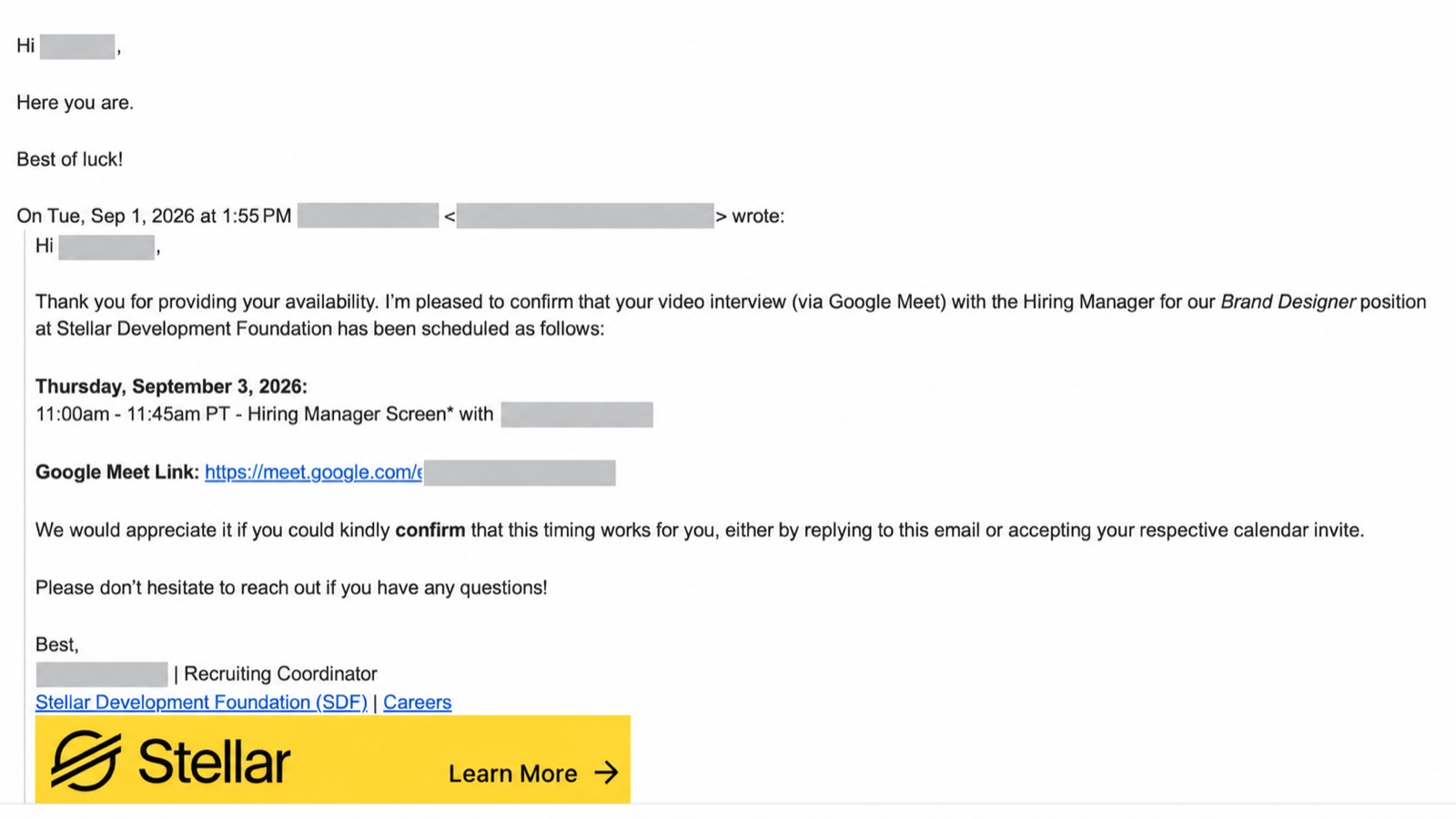 Interview email from Stellar Development Foundation