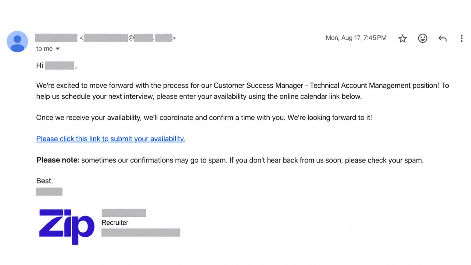 Interview email from Zip